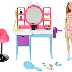 Barbie Doll and Hair Salon Playset, Long Color-Change Hair, Houndstooth-Print Dress, 15 Styling Accessories, HKV00