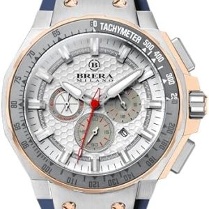 Brera Milano Men's Watch Granturismo GT2 45 mm Quartz Chronograph Stainless Steel Case, White Dial - Blue Natural Rubber Strap