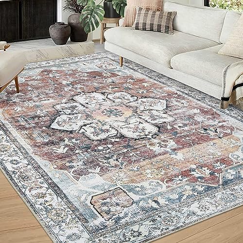 CAREMEE Washable Rug 6x9 Persian Medallion Rug Vintage Floral Print Carpet Oriental Distressed Floor Cover for Living Room Bedroom Home Office Non-Slip Foldable Thin Rug Low Pile Accent Boho Rug, Rust