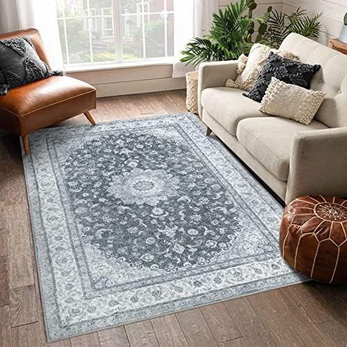 CAROMIO Oriental Washable Area Rug Stain Resistant Waterproof Carpet Non-Slip Persian Distressed Area Rug Low-Pile Medallion Area Rug for Living Room Bedroom Kitchen, 4' x 6' Dark Grey