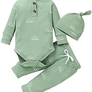 Derouetkia Baby Boys Clothes Newborn Ribbed Long Sleeve Romper with Sun Pattern + Pants + Hat Outfits Set