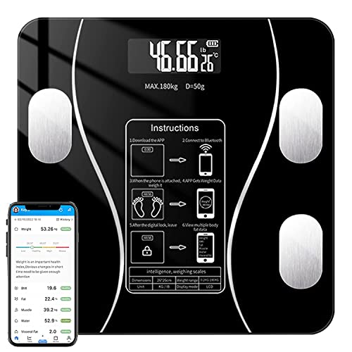 Esenlong Body Fat Scale Bluetooth, Smart Digital Weight Bathroom Scales Weighing BMI with Auto Calibration, USB Rechargeable Composition Monitors Smartphone App (Black)