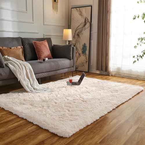 Evitany Rug High Pile Fluffy Rug Ultra Soft Faux Fur Rug Anti Slip Carpet Room Decor Rugs Living Room Large (Beige, 120x160 cm)