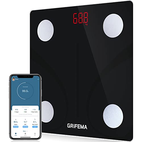 GRIFEMA GA2001 Weighing Scales for Body Weight and Fat, Digital Bathroom Scales, Weight Scales, High Precision Measuring for BMI, Muscle, Body Age etc, Sync App, Black
