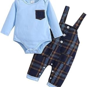 Haokaini Newborn Baby Boy Clothes Set Long Sleeve Gentleman Suit Solid Color Romper Bodysuit Plaid Overalls Suspender Trousers Outfits 0-18M