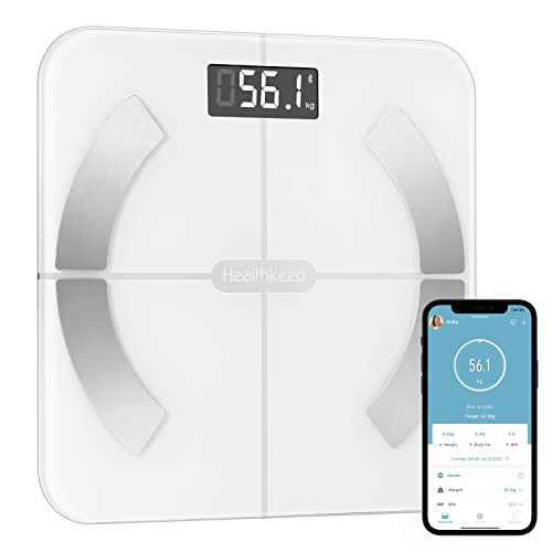 Healthkeep Smart Body Fat Scale with 13 Body Composition Metrics, Smart Digital Bathroom Weighing Scale Compatible with iOS Android, Max 400lb/180kg, 26cm