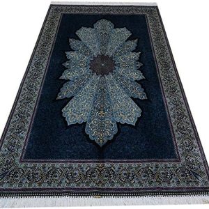 JUNYOHOA Large Silk Rug-Handmade Vintage Traditional Turkish Rug-Turkish Prayer Rug-7x10 Blue Medallion Turkish Silk Carpet for Living Room- Carpet