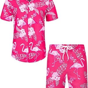 J.VER Mens Hawaiian Shirt and Shorts Set Regular Fit Short Sleeve Casual Funky Beach Flamingo Shirt Set