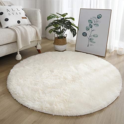 Leesentec Round Rugs Bedroom Carpets Shaggy Rug Fluffy Soft Area Rug Area Rugs for Kids Room Living Room Rugs Deep-Pile Rug Anti Slip Soft Carpet (140cm, White)