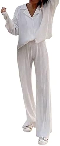 Loalirando Women Pleated Loungewear 2 Piece Pants Set Long Sleeve Button Down Shirt+ High Waist Wide Leg Pants Tracksuit Outfits Streetwear
