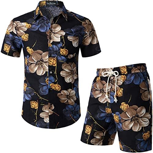LucMatton Men's Summer 2 Piece Set Cotton Linen Ethnic Style Printed Outfits with Pockets