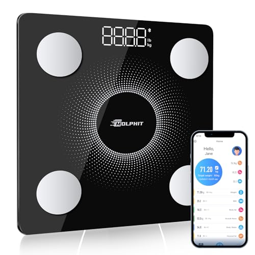 MOLPHIT Bluetooth Body Fat Scale - Smart Digital Bathroom Weight, Weighing Scale with High Precision Sensors, Body Composition Analyzer, and App Connectivity (Elis 1)