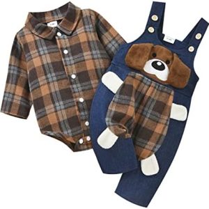 MoccyBabeLee Baby Boys Gentleman Clothes Set Newborn Infant Boys Suit Set Long Sleeve Plaid Romper Top Suspenders Long Pants Trousers Outfits 0-18 Months