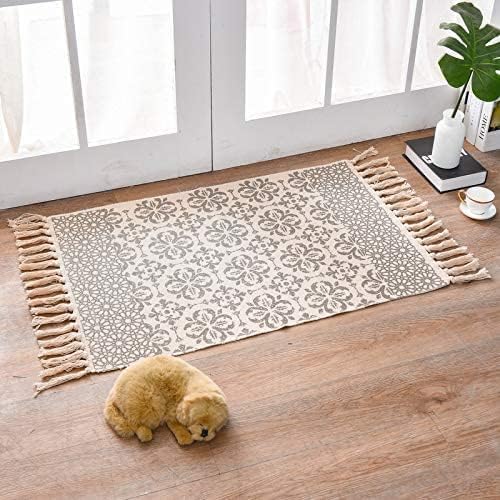 NeuWook Cotton Area Rug, Hand Woven Print Tassels Throw Rugs Carpet Door Mat, Small Printed Moroccan Washable Floor Carpet for Bedroom Living Room Kitchen (90×60cm/35.4×23.6in)