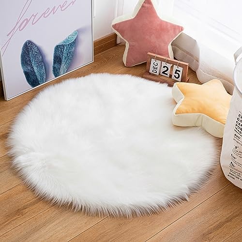 Pauwer Round Faux Fur Sheepskin Area Rug, Non Slip Luxury Shaggy White Bedside Rugs for Bedrooms Machine Washable Fluffy Thick Carpet Floor Rugs, 90 x 90 cm