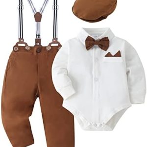 SOLOYEE Baby Boys Outfits Clothes Sets 0-18 Months Toddler Infant Party Gentleman Romper Jumpsuit + Suspender Pants + Beret Hat 3pcs