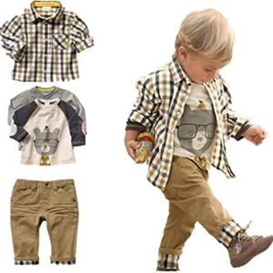 SOPO Toddler Boys Casual 3 Piece Set (T-shirt + Plaid Shirt + Khaki Pants)