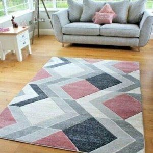 Small Large Blush Pink Beige Cream Silver Grey Geometric Design Rugs Runners Mats (120x170cm)