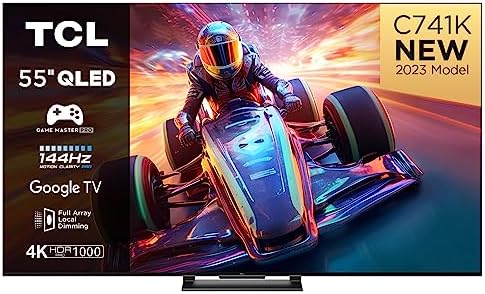 TCL 55C741K 55-inch QLED Television 144Hz Full Array Local Dimming 4K UHD Smart TV Google TV Dolby Vision & Atmos Motion clarity Hands-Free Voice Google assistant & Alexa with AMD FreeSync Premium Pro