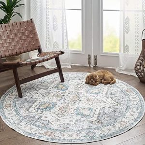 TOPICK Round Rug 5Ft Bohemian Area Rug Indoor Circle Grey Rug Washable Rug Floral Medallion Non Slip with Rubber Backing for Living Dining Room Entryway