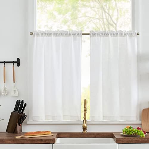 TOPICK White Kitchen Curtains 24 Inch Drop Cafe Curtains Linen Curtains Small Window Half Flax Curtains Solid Pattern Short Rustic Style Curtains Rod Pocket for Basement Laundry Room Sink 2 Panels