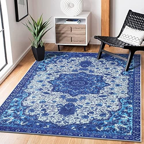 Tinyboy-hbq Area Rugs Blue Traditional Style Area Rugs Living Room Rug Soft Short Pile Rug Large Rugs for Living Room Bedroom Hallway Rugs(Blue, 120 x 160 cm)