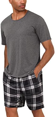 Uniexcosm Mens Short Pyjamas Set Classic Plaid Sleepwear T-Shirt Top with Shorts Bottoms Cotton Pjs Set Loungewear Summer