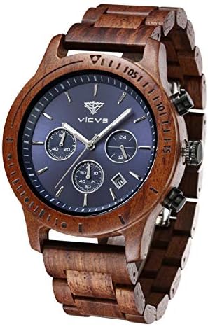 VICVS Men's Wooden Watch, Natural red Sandalwood/Black Walnut Japanese Quartz Multi-Function Chronograph