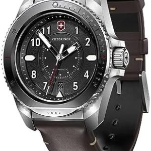 Victorinox Journey 1884 Watch with Black Dial and Brown Leather Strap Set with Pouch, Black, 43 mm