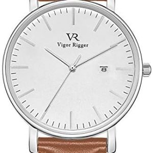 Vigor Rigger Men Watch Ultra Thin Minimalist Modern Gents Quartz Wrist Watch Date Display with Simple White Big Face with Brown Leather Band Dress Watches for Men