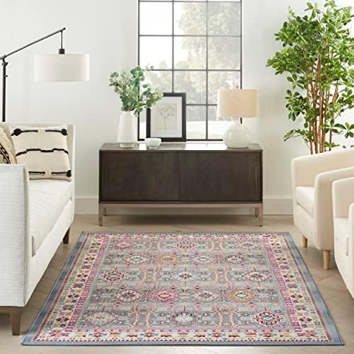 Vintage Kashan VKA05 Traditional Rug for Living Room Dining Bedroom Geometric Distressed Border Grey Multi Coloured Rug Large 160x239 cm (5'3''x7'10'')