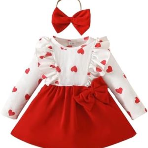 Vioyavo Valentine's Day Dress Set for Toddler Baby Girls Long Sleeve Crew Neck Heart Print A-line Princess Dress+Headband Clothes Set