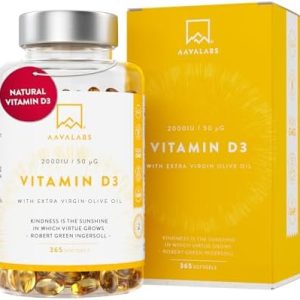 Vitamin D3 [2000 IU] - with Extra Virgin Olive Oil for Optimum Absorption - High Strength Vitamin D Supplement - Contributes to Bone, Muscle and Immune Function - 365 Vitamin D Capsules