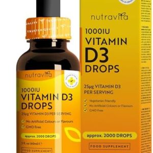 Vitamin D3 Drops 60ml (2000 Drops) – Vitamin D 1000IU per Drop – Flexible Dose of Liquid Vitamin D Supplement – Supports Normal Bones, Immune System & Calcium Absorption - Made by Nutravita