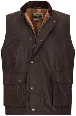 WALKER AND HAWKES - Men's Winchester Multi Pocket Waxed Cotton Gilet Outdoor Camping Waistcoat Hiking Travelling Jacket Brown