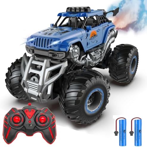 WISHTIME 1:16 Scale Remote Control Car, 2.4 GHz All Terrain RC Car Monster Truck Rock Crawler with LED Lights and Music, Spray Water Mist, RC Truck Toy Vehicle for Boys Girls kids 8-12 and Adult