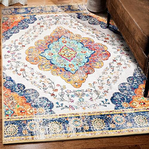 Washable Rug 3x5 Rug Boho Area Rugs Vintage Rug Distressed Persian Oriental Rugs for Entryway Bathroom Kitchen Bedroom Living Room Throw Rugs Indoor Carpet Accent Rug Non-Slip Orange Blue