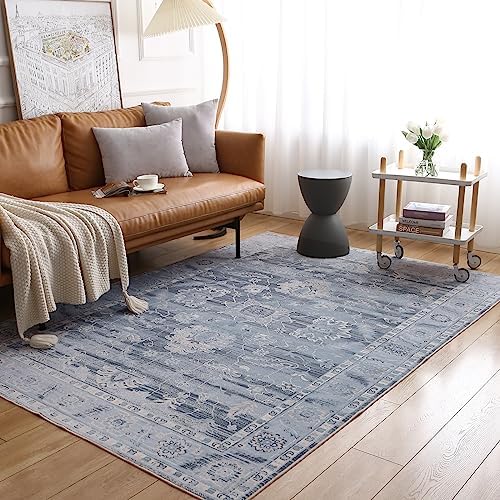 Wegital 180X270cm Area Rugs Living Room Bedroom Non-Slip Large Rugs Washable Short Pile Rug For Living Room Bedroom Dining Room Luxury Skin-Friendly Carpet Persian Pattern Boho Rug Blue