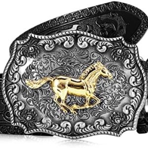 Xuniea Western Cowboy Leather Buckle Belts Horse Pattern Floral Engraved Buckle Belt for Men