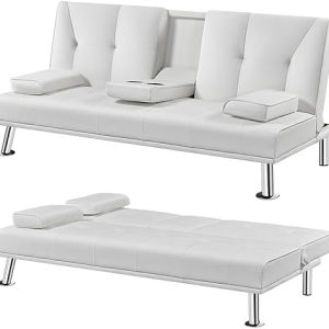 Yaheetech Click Clack Sofa Bed Faux Leather 3 Seater Sofa Couch Living Room/Spare Room/Guest Room Bed Settee with Cup Holders White