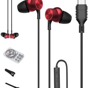 ZXQ C5 USB C Headphones Wired In-Ear,Type C Earphones,USB-C Wired Earbuds Deep Bass for iPhone 15 Pro Max iPad Air Plus Samsung Galaxy A53 S21 S22 S23 Ultra OnePlus 10 Pixel7 Huawei Mate 60 P40Red