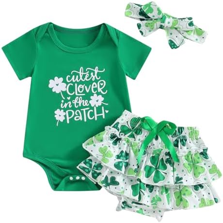 ZZLBUF Newborn Baby Girl St Patricks Day Outfit Letter Print Romper Top Ruffle Shorts Headband Set Irish Clothes