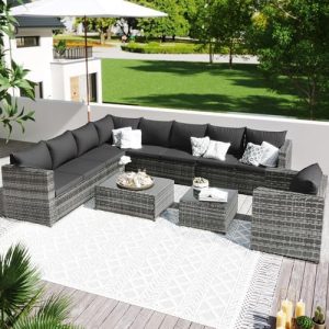 ANIROY 9-Seater Large Rattan Garden Corner Sofa Set, Outdoor Garden Furniture Set Patio Sofa Set with Coffee Table, Seat Cushions and Back Cushions, Grey