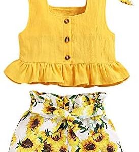 ANUFER 3pcs Girl Kids Clothing Set Bright Yellow Sunflower Baby Outfits Vest Tops + Shorts Pants + Headband