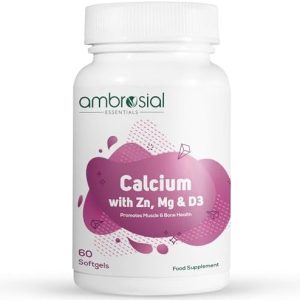 Ambrosial Calcium Magnesium Zinc & Vitamin D High Potency Calcium Supplement for Bone Health, Muscles & Teeth | Highly Bioavailable Calcium Citrate Formula | Calcium Tablets 60 Softgels