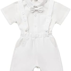 IBTOM CASTLE Baby Boy Christening Outfit White Dress Shirt Top+Suspenders Shorts Pants+Bowtie 3pcs Gentleman Tuxedo Wedding Baptism Birthday Party Cake Smash Formal Suit Ring Bearer Clothes Set