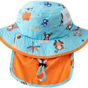 JUPSK Baby Sun Hat Toddler Summer Bucket Hat Wide Brim Beach Hat with Chin Strap UPF50 Dinosaur Flap Cap for Kids Child Boys Girls 1-5 Years