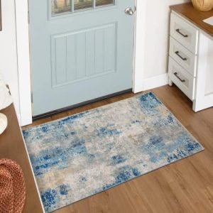 KIMODE Abstract Area Rugs 60 x 90cm, Soft Non Slip Door Mat Indoor, Washable Faux Wool Rug Bath Mat Low-Pile Floor Rugs Living Room, Modern Small Rugs for Bedroom Non Shedding (Blue)