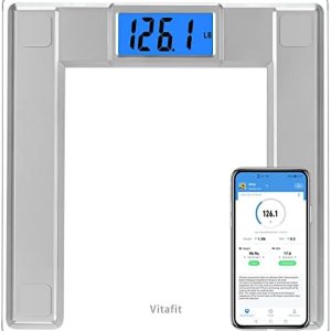 Vitafit 250kg Extra-High Capacity Digital Bathroom Scales for Body Weight and BMI Via Smart APP, Weighing Professional Since 2001, 8mm Tempered Glass and Step-on, Extra Large Blue Backlit LCD, Silver