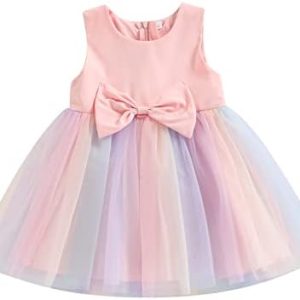 1-5 Years Toddler Kids Girls Princess Tulle Dress Sleeveless Bowknot Rainbow Wedding Dress Party Pageant Dress Summer Sundress for Baby Girl